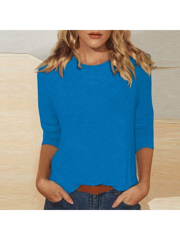 3/4 Sleeve Tops for Women Elbow Round Neck T-Shirts Boho Casual Summer Tunics Work Three Quarter Length Blouses Loose Pullover Top Blue S