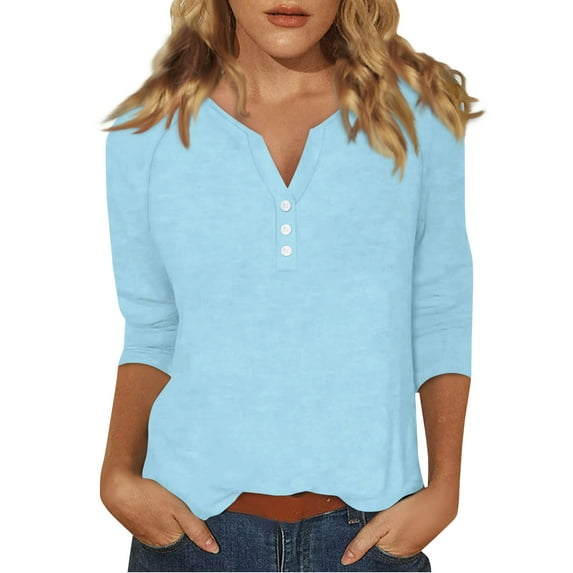 DENGDENG Womens Tops 3/4 Sleeve V Neck Elbow Sleeve Casual Tshirts Summer Button Down Henley Tunics Three Quarter Length Shirts Solid Color Petite {Blouses} Sky Blue XL