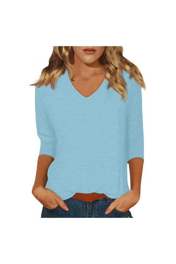 Womens Plus Size Tops 3/4 Sleeve 2X V Neck Elbow T Shirts Casual Summer Shirts Dressy Three Quarter Length Blouse Petite Solid Color Pullover Top Blue L