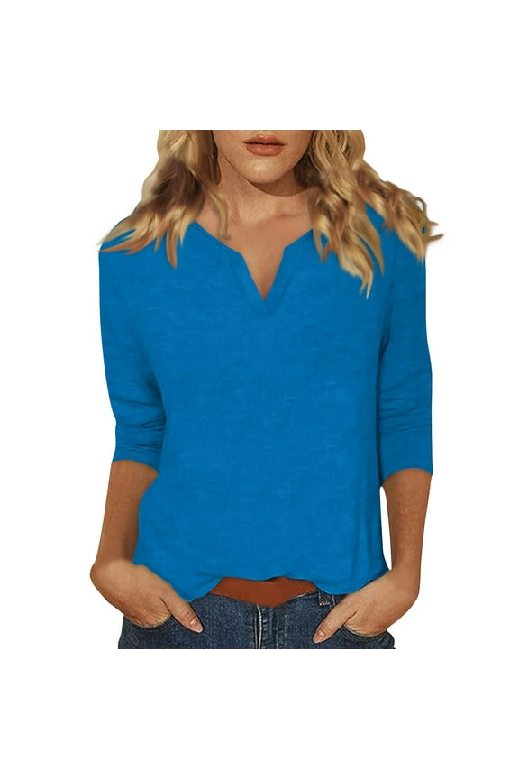 Womens Tops 3/4 Sleeves Loose Fitting Elbow Sleeve V Neck T-Shirts Spring Casual Summer Tunic Tops Three Quarter Length Shirts Work Solid Color Blouses Blue XXL
