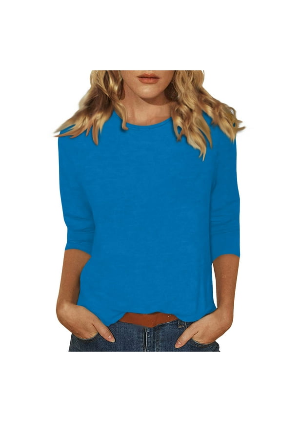 Womens Tops Casual 3/4 Sleeve Crew Neck Tshirts Fashion 2025 Elbow Sleeve Summer Blouses Trendy Three Quarter Length Shirts Petite Spring Pullover Top Blue XL