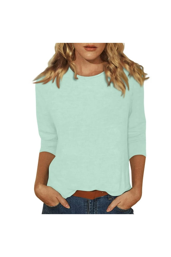 Womens Tops Casual 3/4 Sleeve Elbow Sleeve T Shirts Solid Color Summer Round Neck Shirts Boho Three Quarter Length Tunics Petite Dressy Clothes Mint Green XL