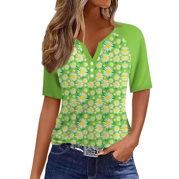 DENGDENG Womens Tops Dressy Casual Summer Oversized V Neck Y2K Comfy Tee Shirt Cute Sunflower Print Short Sleeve T Shirts 2024 Fluorescent Green XXL