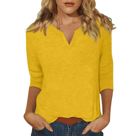 DENGDENG Womens Casual Tops 3/4 Sleeves Summer Elbow V Neck Shirts Business Loose Fit Solid Three Quarter Length Sleeve Tees Dressy Vintage Blouse Spring Clothes Yellow XXL