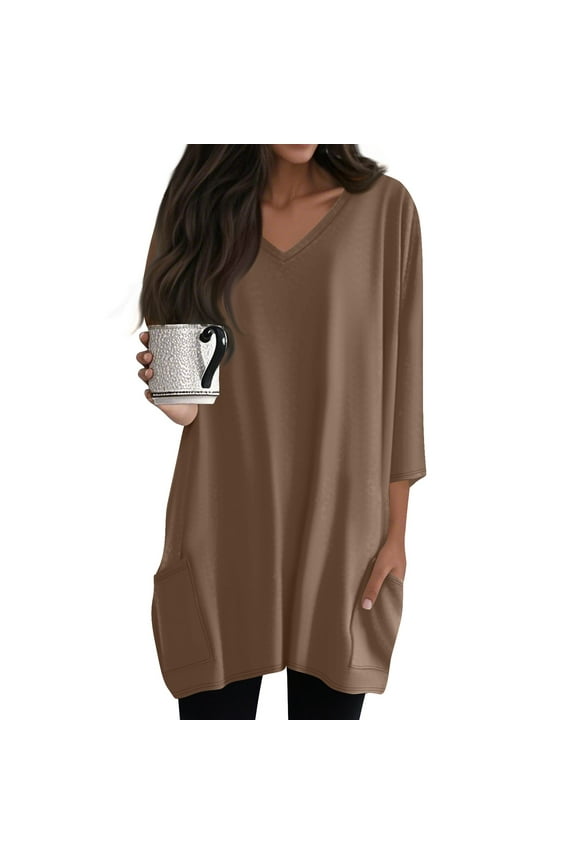 Womens Tunic Tops Summer V Neck 3/4 Sleeve Shirts To Wear with Leggings Boho Dressy Tees Holiday Beach Blouses Brown 3XL