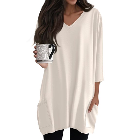 DENGDENG Womens Tunic Tops To Wear With Leggings Fashion 3/4 Sleeve V Neck Long Shirts Summer Casual Tees Dressy Cute Blouses Beige L
