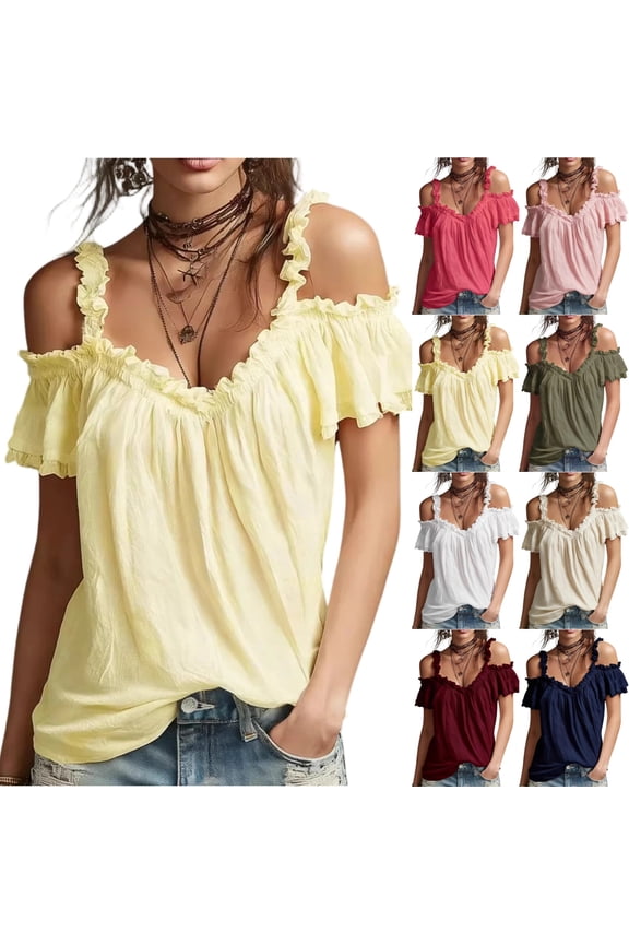 Womens V Neck Off The Shoulder Ruffled Trim Tops Short Flutter Sleeve Chiffon Blouses Loose Fit Vacation Casual Summer Tops ,L,#01 Yellow