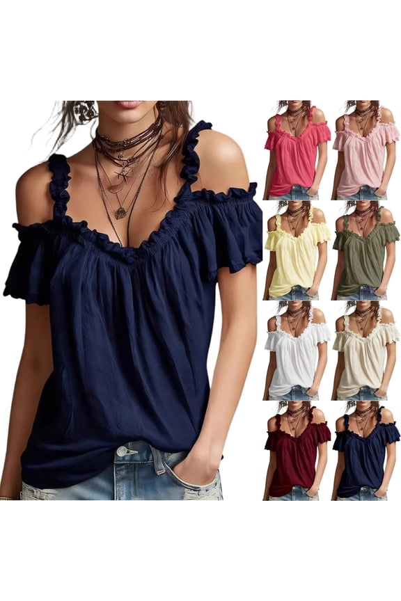 Womens V Neck Off The Shoulder Ruffled Trim Tops Short Flutter Sleeve Chiffon Blouses Loose Fit Vacation Casual Summer Tops ,M,#01 Navy