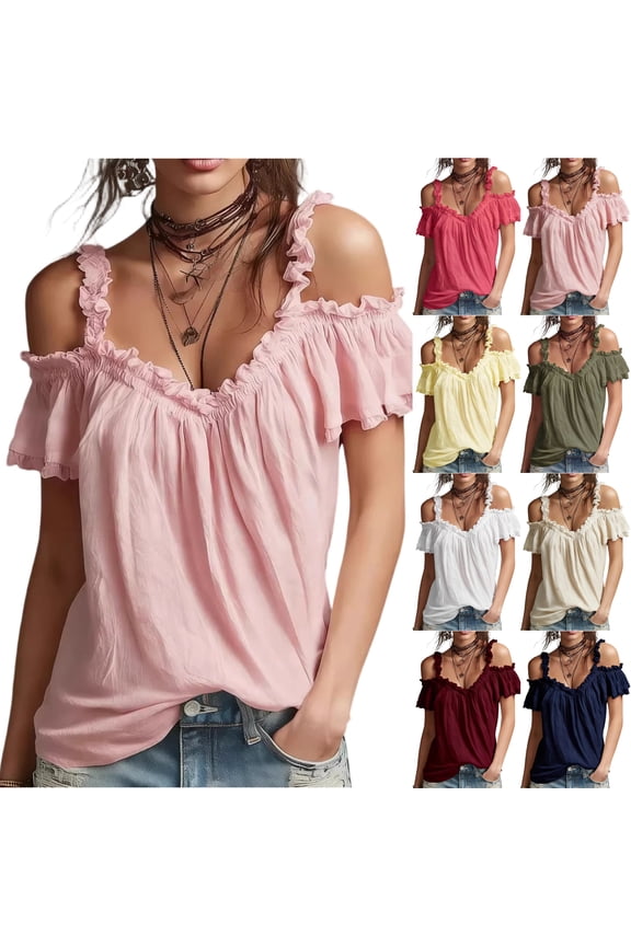 Womens V Neck Off The Shoulder Ruffled Trim Tops Short Flutter Sleeve Chiffon Blouses Loose Fit Vacation Casual Summer Tops ,XXL,#01 Pink