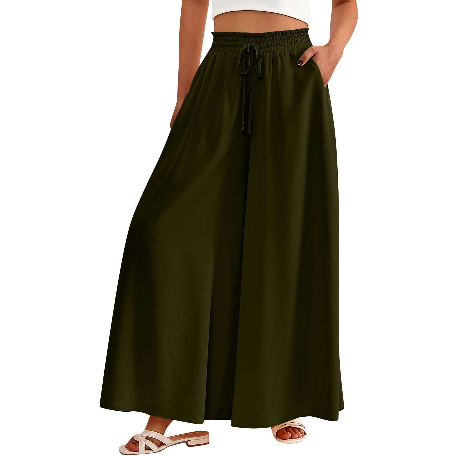 DENGDENG Womens Wide Leg Pants Petite Length Elastic High Waisted Flowy Summer Palazzo Casual Solid Lounge Pants Women 2024 Drawstring Beach Trousers with Pocket Dark Green L Walmart Business Supplies