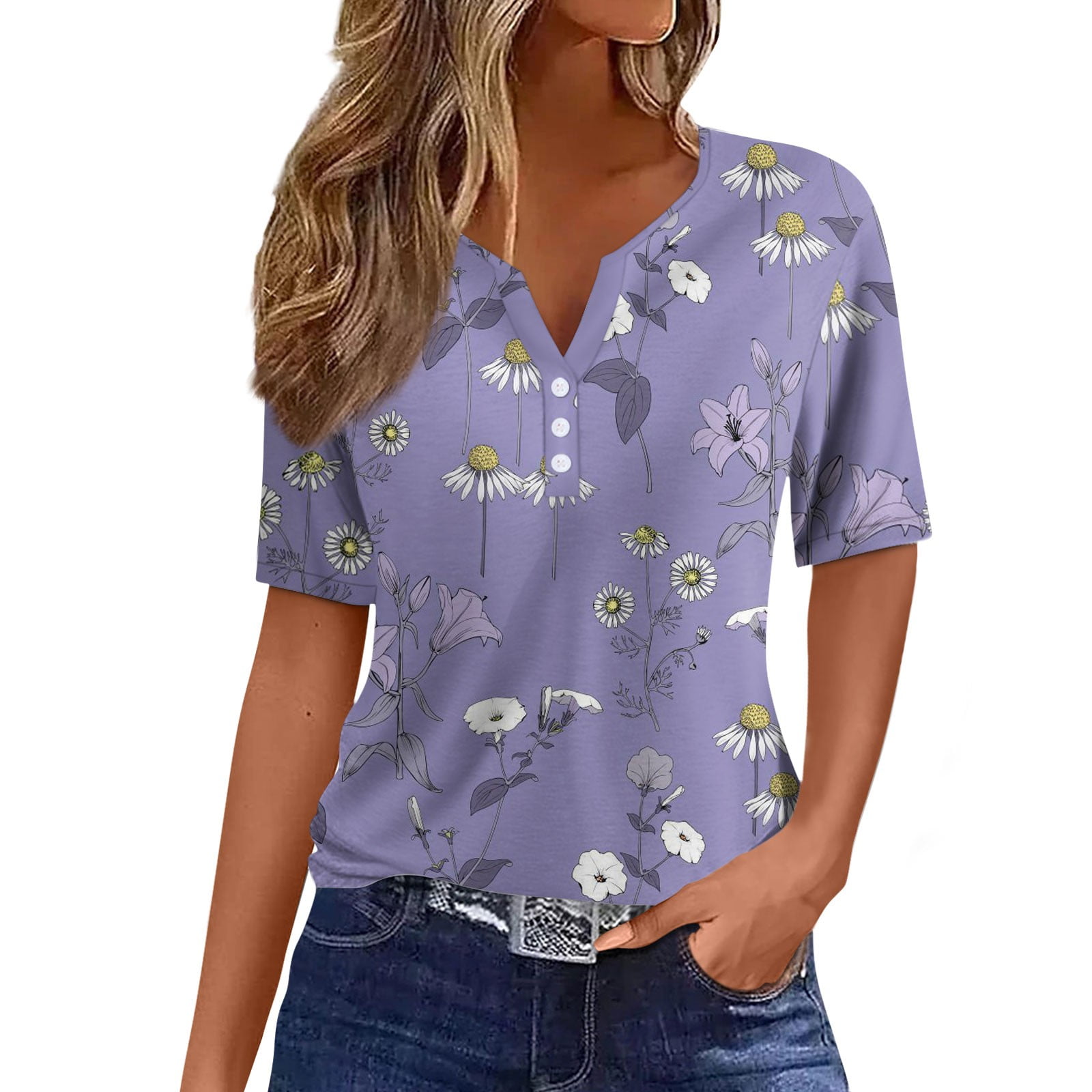 DENGDENG Work Tops for Women Business Casual Short Sleeve Henley Button Down T Shirts Summer