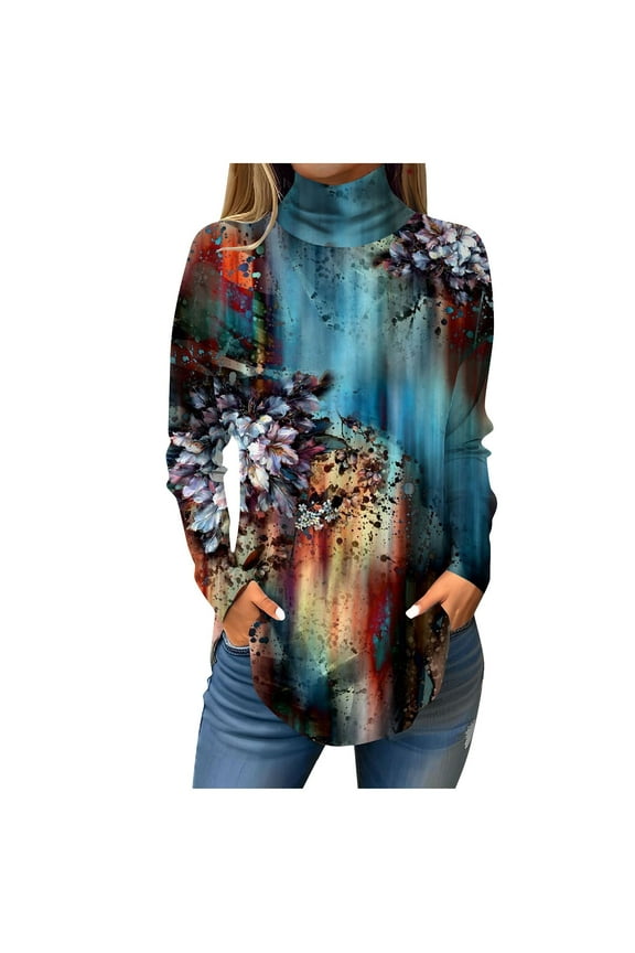 Workout Tops for Women Long Sleeve Petitie Turtleneck Blouses Fall Mock Neck Tunic Tops Ethnic Floral Print Winter Shirts Loose Fit Sweatshirts Winter Plus Size Clothes Navy L
