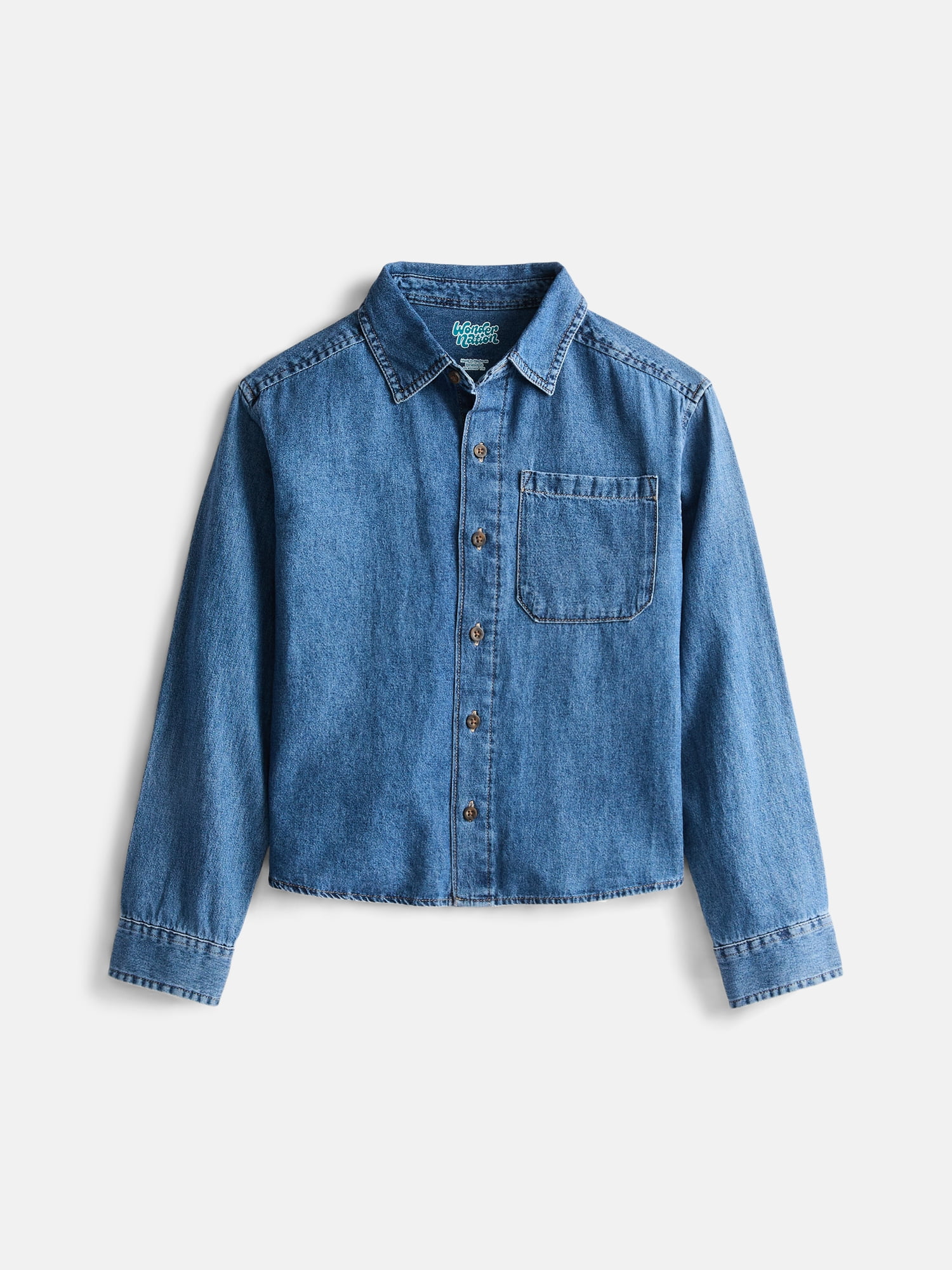 Wonder Nation Boys' Denim Shirt with Long Sleeves, Sizes 4-18