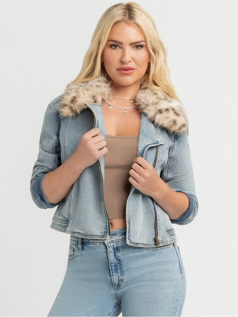 Jessica Simpson Women's Denim Moto Jacket with Faux Fur Collar