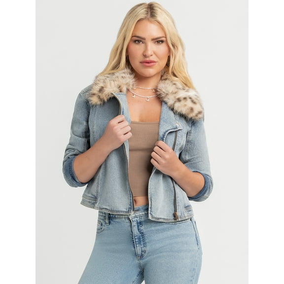 Jessica Simpson Women's Denim Moto Jacket with Faux Fur Collar, Sizes XS-XXL