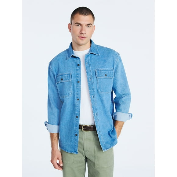 Free Assembly Men's Heavyweight Denim Overshirt with Long Sleeves, Sizes S-3XL