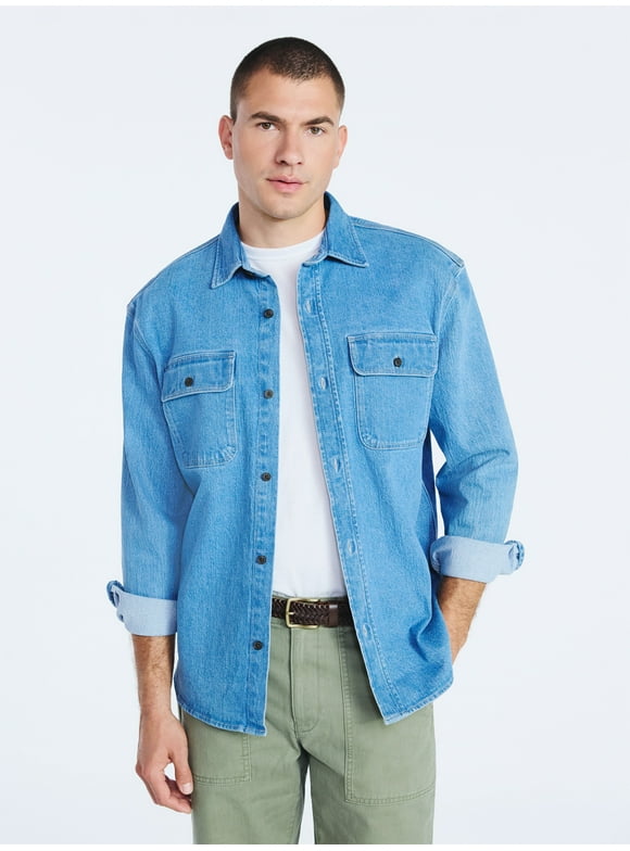 Men's Heavyweight Denim Overshirt with Long Sleeves, Sizes S-3XL