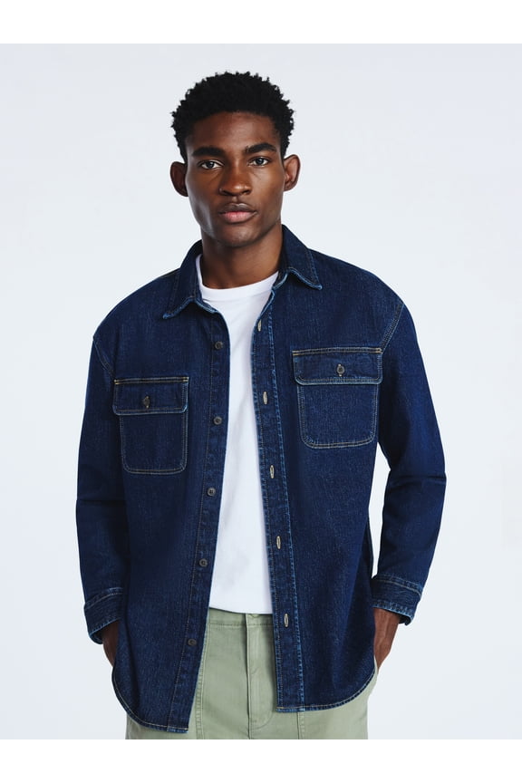 Men's Heavyweight Denim Overshirt with Long Sleeves, Sizes S-3XL