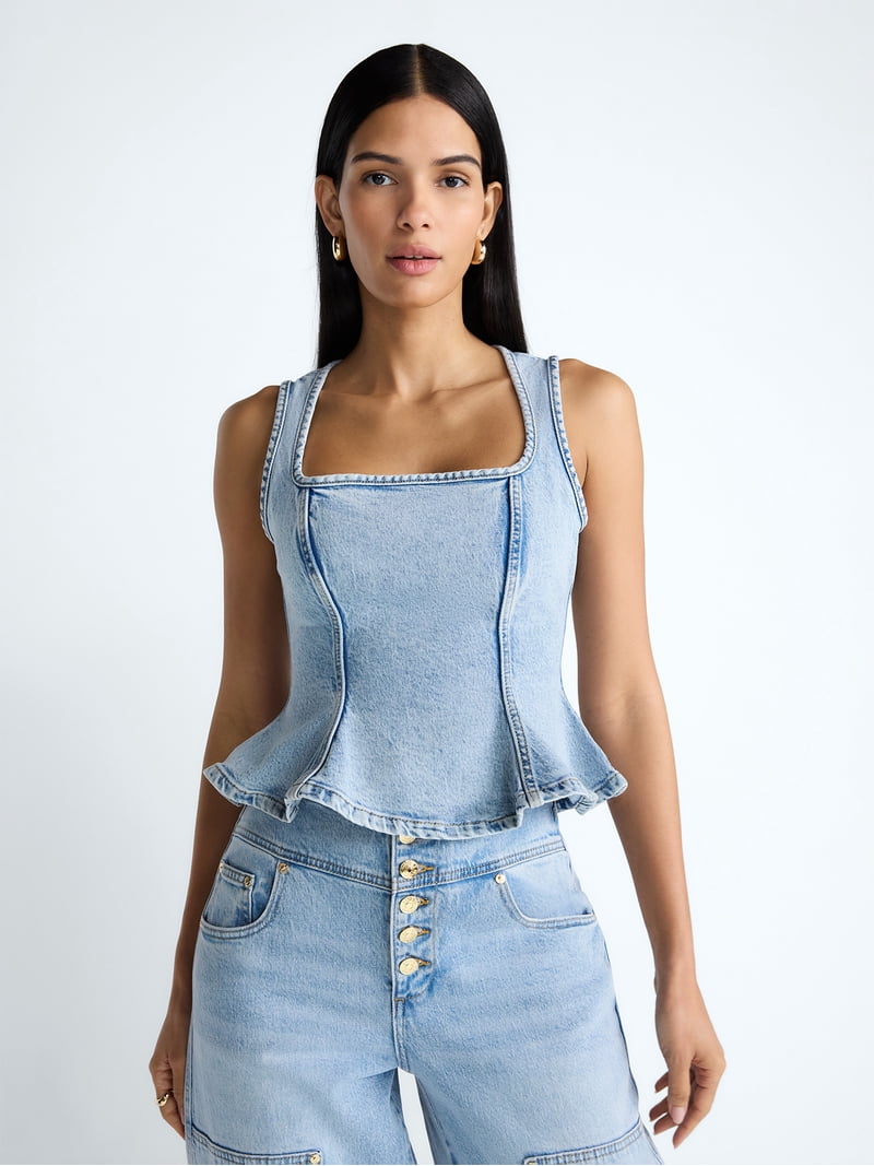 Devil Wears Prada Scoop Collection Women's Peplum Hem Denim Top