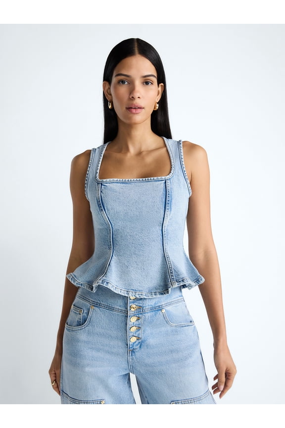 Devil Wears Prada Scoop Collection Women’s Peplum Hem Denim Top, Sizes 0-22W