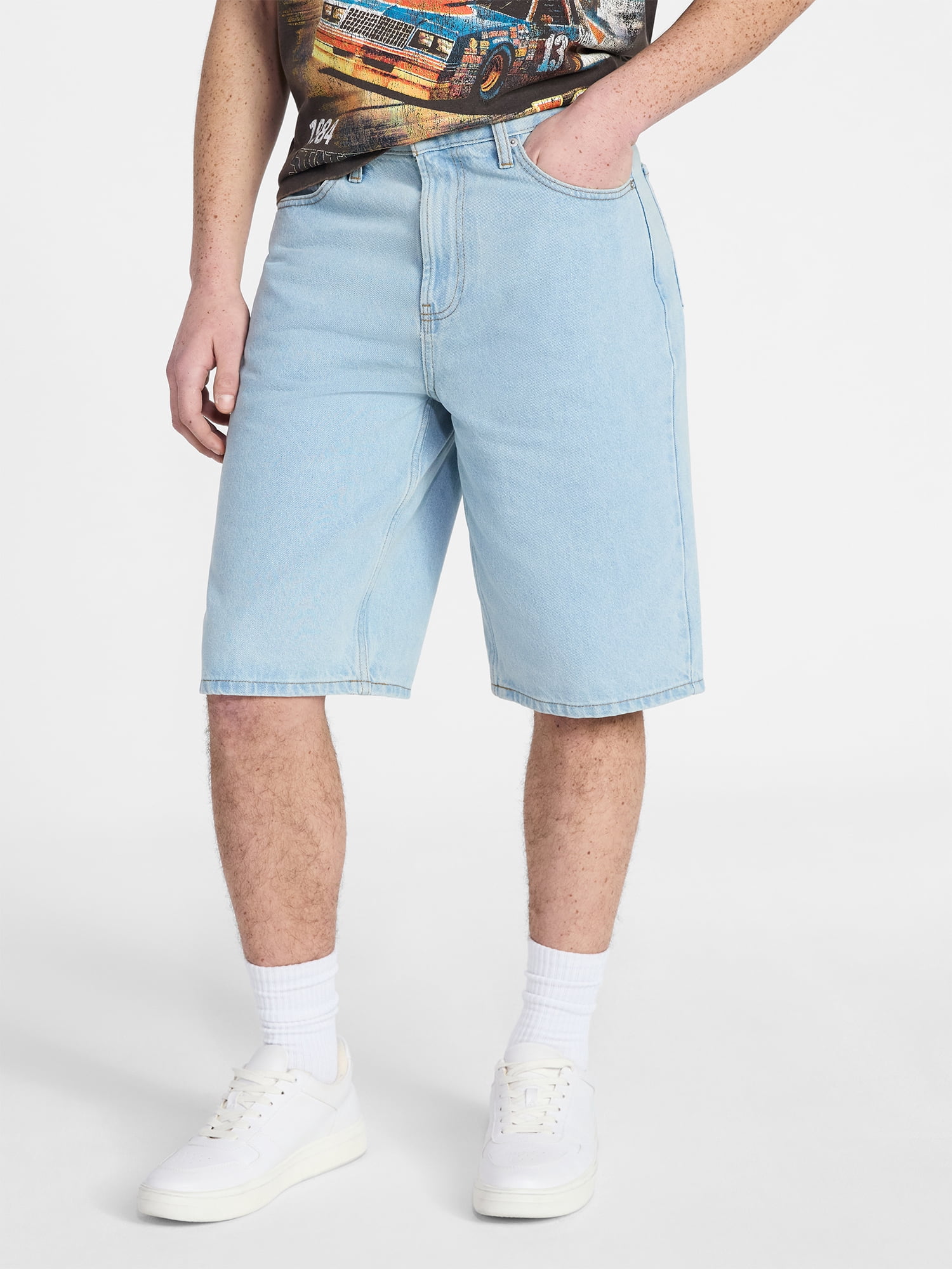 No Boundaries Men’s Denim Shorts, 100% Cotton, 12” Inseam, Sizes 28-44