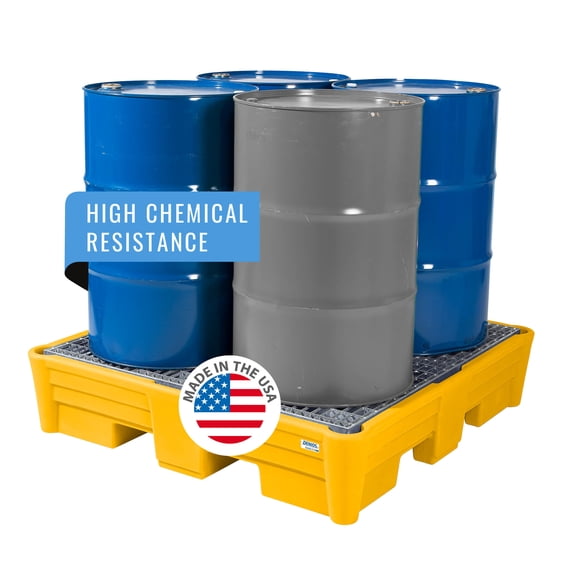 DENIOS Yellow Spill Containment Pallet for 4 Drums | 66 Gal Sump | 52"x52"x15" | Spill Containment Tray with Steel Grating | Durable Spill Platform for Industrial Safety & Control (K22-1509)