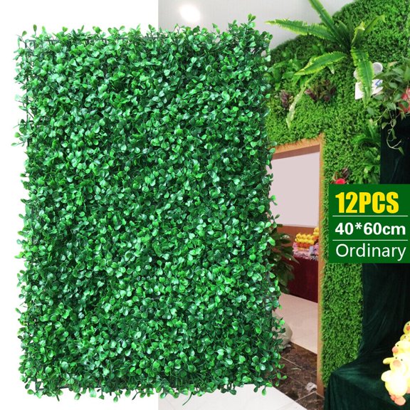 DENSET 12Pcs Green Artificial Boxwood Wall Hedge Mat PE Privacy Fence Grass Panel Background 60x40cm