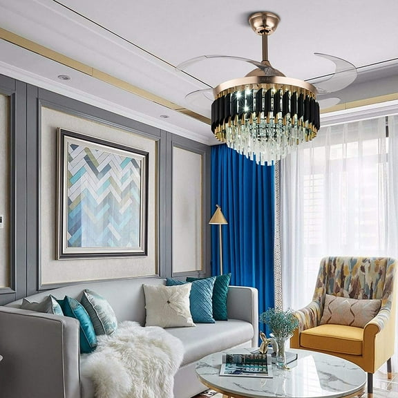 DENSET Crystal Ceiling Fan Chandelier Indoor Luxury Hiding Quiet 42 Inch Polished Gold Retractable Ceiling Fan Light LED 3 Color Setting  Remote Control