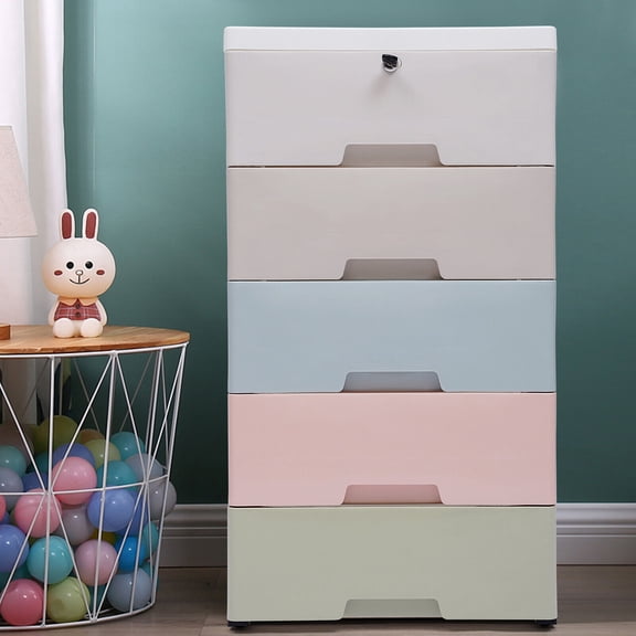DENSET Plastic Cupboard 5 Drawers Stackable Floorstanding Cabinet with Lock, Polypropylene, Macaron