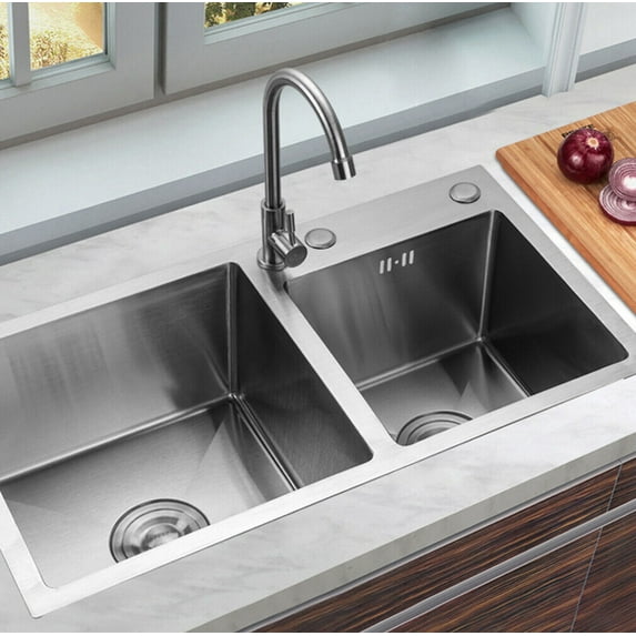 DENSET Silver Stainless Steel 30in Square Double Bowl Sink