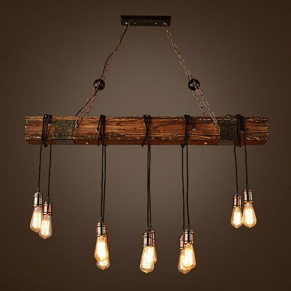 DENSET Wooden Beam Light | Rustic Farmhouse Kitchen Island Chandelier | Wooden Pendant Light Fixture 10-Light