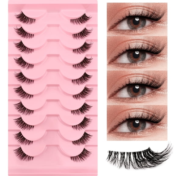 DENSTYLE 10 Pairs Artificial Eyelashes, Natural Fluffy Half Lashes with Invisible Clear Band, Reusable Cat Eye Extension Fake Lashes for Daily Makeup & Party (Pink Tray)