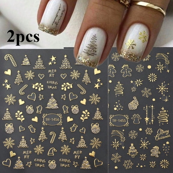 DENSTYLE 2 Sheets Gold Christmas Nail Stickers, Self-Adhesive Decalcomanias for Fingernails with Snowflake, Tree & Gingerbread Designs, Festive DIY Manicure Decor for Holiday Parties