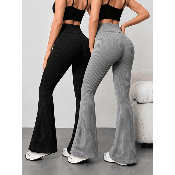 DENTOYOU 2 Pack Womens Yoga Pants High Waisted Flare Leggings Tummy Control Bootcut Workout Pants Casual Athletic Leggings Black/Light Gray M
