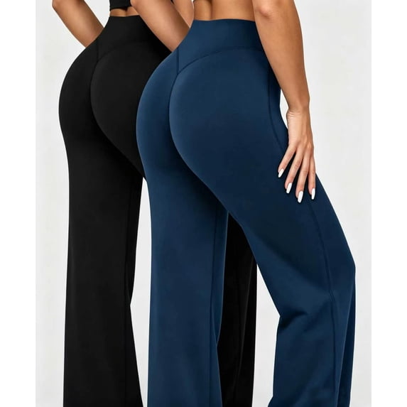 DENTOYOU 2 Pack Yoga Wide Leg Pants Women's Straight Leggings Bottoms High Waist Butt Lifting Pants Casual Workout Gym Leggings Black/Blue XL