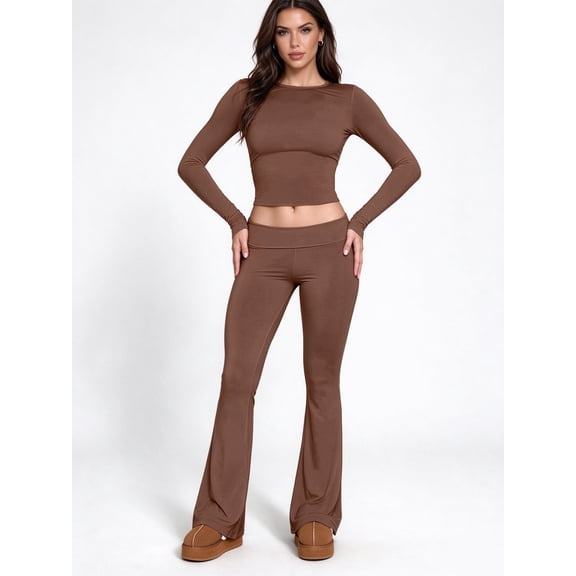 DENTOYOU Women's 2 Piece Outfits Long Sleeve Top Flare Leg Yoga Pants Set, Workout Tracksuit Casual Lounge Matching Sets Brown L