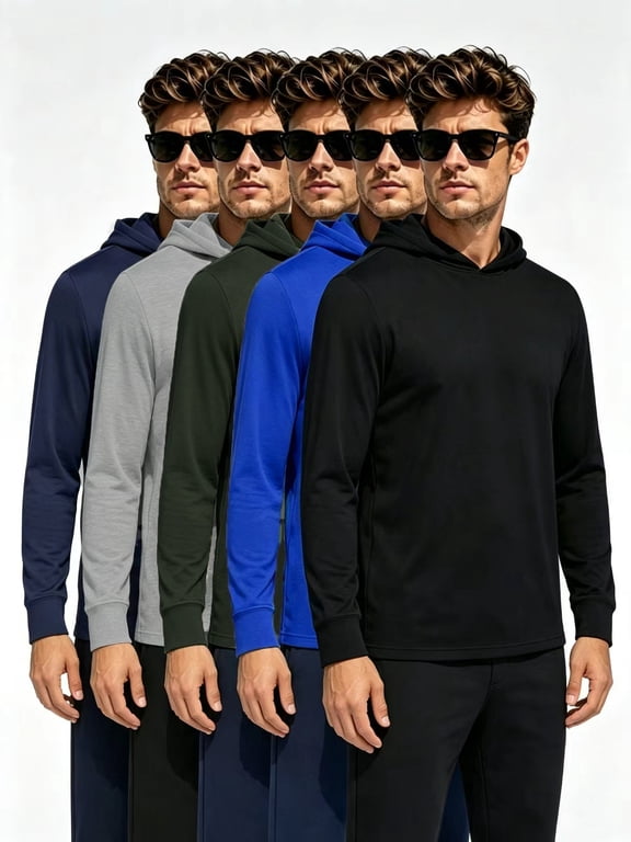 5 Pack Men's Athletic Hoodies Long Sleeve Fishing Lightweigh Pullover Shirts UPF 50+ Sun Protection Shirts Rash Guards Hiking Running Workout Black/Navy/Grey/Blue/Green L
