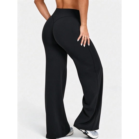 DENTOYOU Women's High Waist Wide Leg Yoga Pants, Tummy Control Stretch Workout Lounge Athletic Pants Black XL