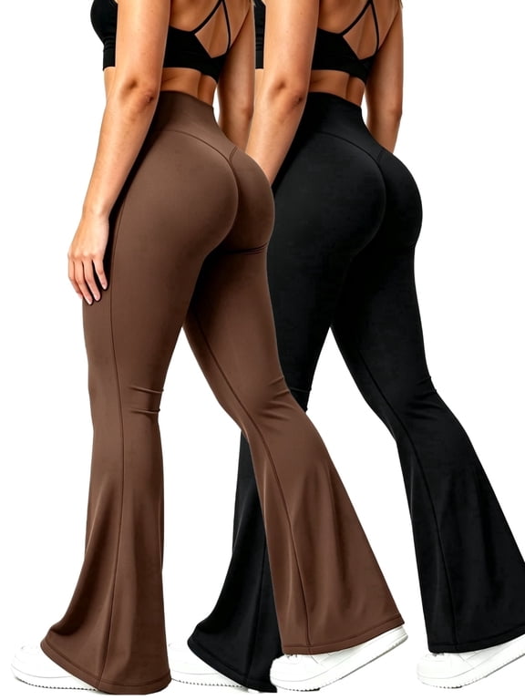 2 Pack Yoga Flare Pants Women's V Crossover Flare Leggings High Waist Butt Lifting Bootcut Pants Casual Workout Gym Leggings Black/Brown S