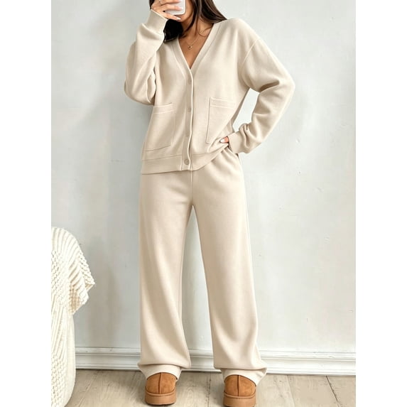 DENTOYOU Lounge Sets for Women 2 Piece Outfits V Neck Button Long Sleeve Shirt Wide Leg Pants Matching Set Sweatsuits Beige S