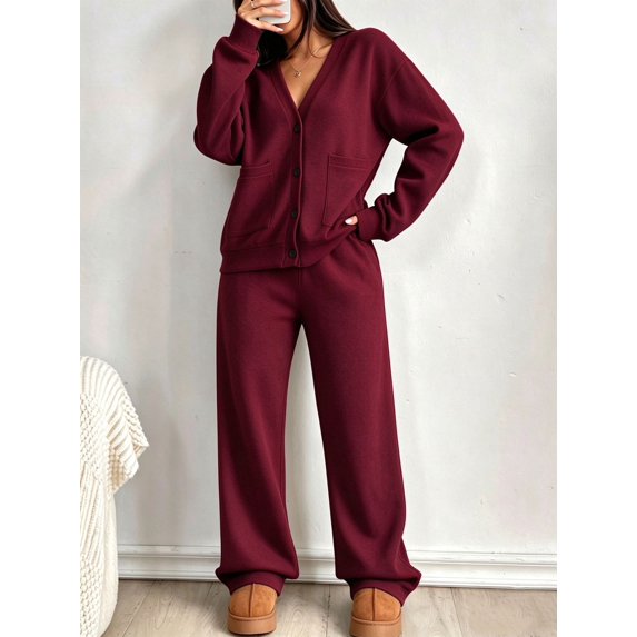 DENTOYOU Lounge Sets for Women 2 Piece Outfits V Neck Button Long Sleeve Shirt Wide Leg Pants Matching Set Sweatsuits Burgundy XXL