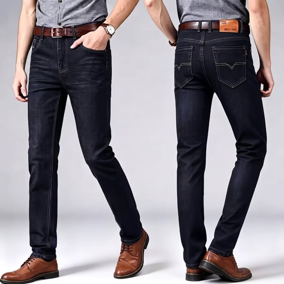 DENTOYOU Men's Regular Straight Fit Jean Pants Comfort Flex Waist Denim Jeans Black 34