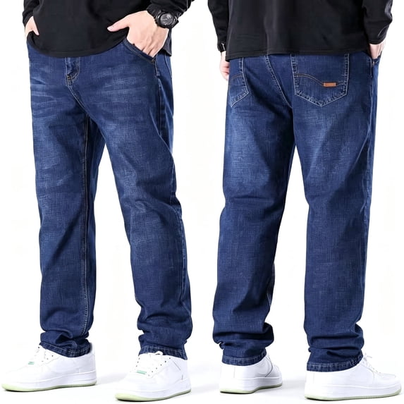 DENTOYOU Men's Jeans Comfort Flex Waist Relaxed Fit Denim Big & Tall Straight Jeans Blue 52