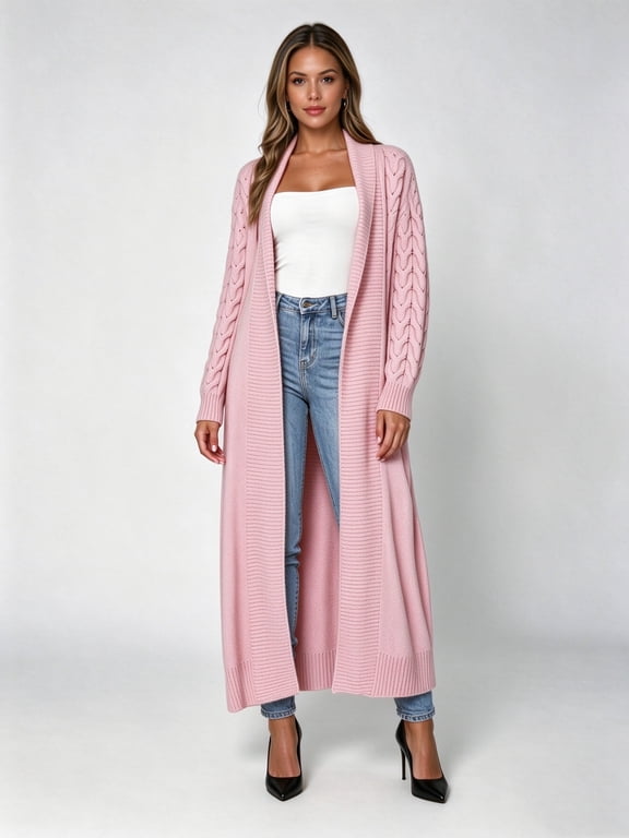 Women Knit Long Cardigan Long Sleeve Open Front Lapel Oversized Sweater Coat Fall Duster Outerwear Clothes Pink S