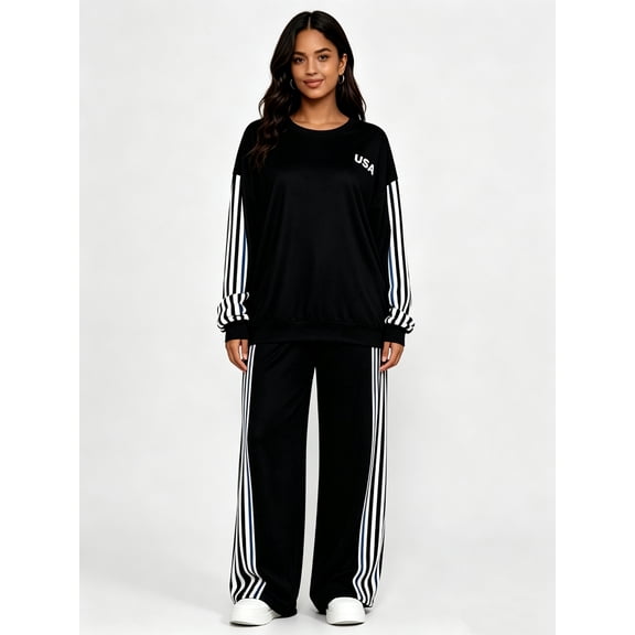 DENTOYOU Women's 2 Piece Lounge Sets - Crew Neck Pullover Long Sleeve Shirts Striped Wide Leg Pants with Pockets Casual Tracksuits for Daily Wear Black L