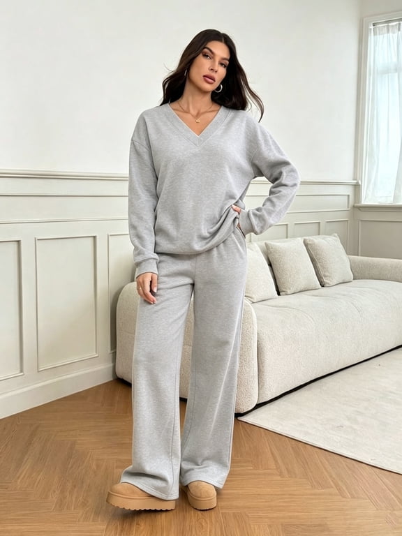 Womens 2 Piece Lounge Sets Casual Long Sleeve V-Neck Pullover Sweatsuits Wide Leg Jogger with Pockets Outfits Grey XL