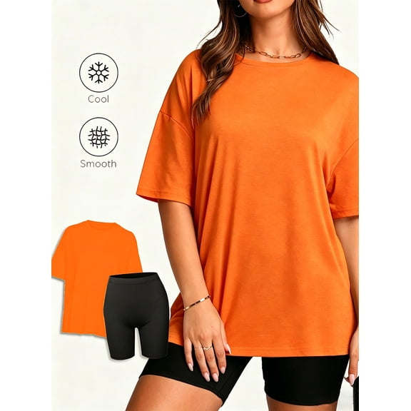DENTOYOU 2 Piece Outfit for Women Lounge Sets Oversized Tshirts Matching Biker Short Summer Clothing for Travel Casual Orange L