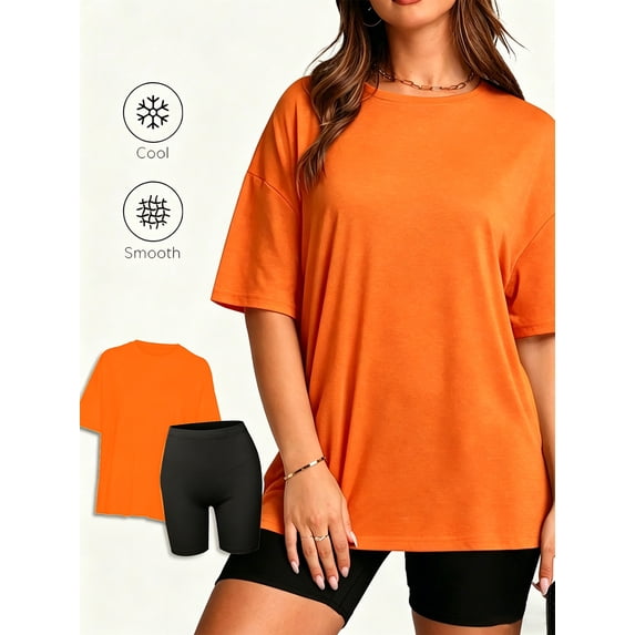 DENTOYOU 2 Piece Outfit for Women Lounge Sets Oversized Tshirts Matching Biker Short Summer Clothing for Travel Casual Orange S