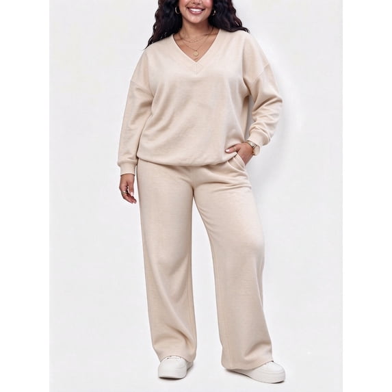 DENTOYOU Womens 2 Piece Lounge Sets Casual Long Sleeve V-Neck Pullover Sweatsuits Wide Leg Jogger with Pockets Outfits Beige 0XL