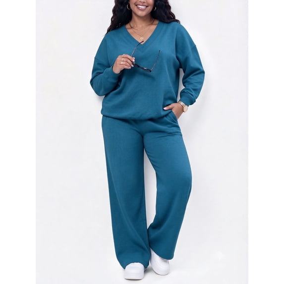 DENTOYOU Womens 2 Piece Lounge Sets Casual Long Sleeve V-Neck Pullover Sweatsuits Wide Leg Jogger with Pockets Outfits Blue 3XL